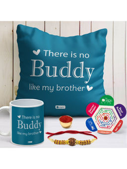 Indigifts - Rakhi Gift Blue Cushion with Filler, Mug, Rudraksha Rakhi & Greeting Card