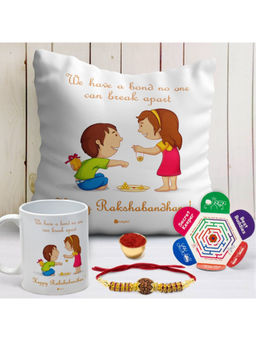 Indigifts - Cushion with Filler, Mug, Rudraksha Rakhi, Greeting Card