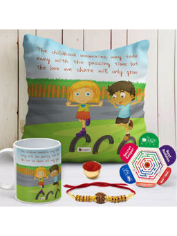 Indigifts - Gift Set Cushion With Filler, Mug 330 ml, Crystal Rakhi, Roli & Greeting Card