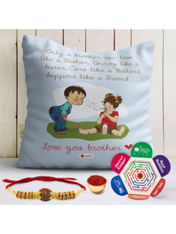 Indigifts - Rakhi Gift Printed Blue Cushion Cover, Rudraksha Rakhi, Roli, Greeting Card