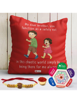 Indigifts - Raksha Bandhan Gifts Cushion Cover, Rudraksha Rakhi, Roli, Greeting Card