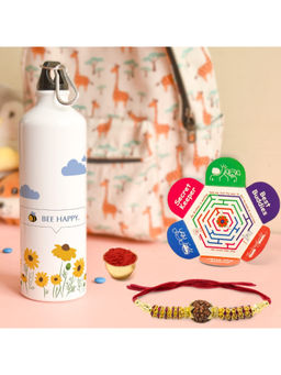 Indigifts - Rakhi Gift Combo Bottle, Rakhi, Roli with Card, Mothers Day Gift