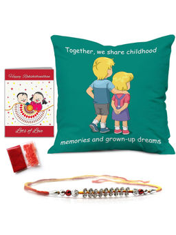 Indigifts - Cushion Cover With Filler, Crystal Rakhi, Roli, Greeting Card