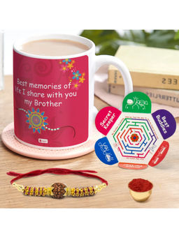 Indigifts - Raksha Bandhan Gifts Coffee Mug, Rudraksha Rakhi, Roli & Greeting Card