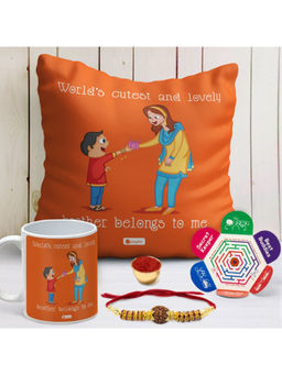 Indigifts - Rakhi Gifts Cushion with Filler, Mug, Rudraksha Rakhi, Roli & Greeting Card