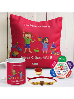Indigifts - Gifts for Brother Cushion with Filler, Mug 330 ml, Rudraksha Rakhi