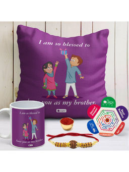 Indigifts - Raksha Bandhan Gifts Cushion with Filler, Mug 330 ml, Rudraksha Rakhi