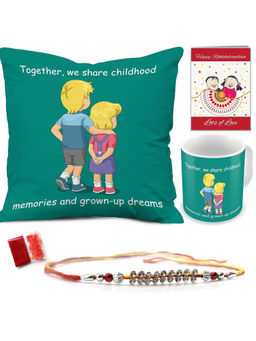 Indigifts - Cushion with Filler, Mug 330 ml, Rudraksha Rakhi, Roli & Greeting Card