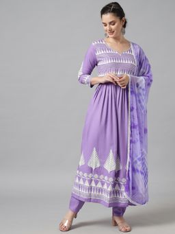 Meeranshi - Women Purple Thread Work Kurta With Trousers And Tie-dye Dupatta (Set of 3)