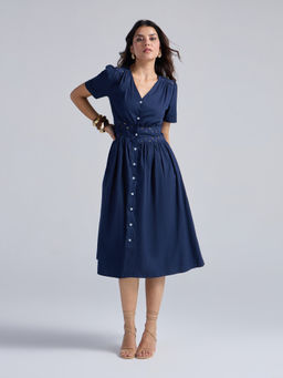 Twenty Dresses by Nykaa Fashion - Navy Blue Solid V Neck Half Sleeves Laced Midi Dress