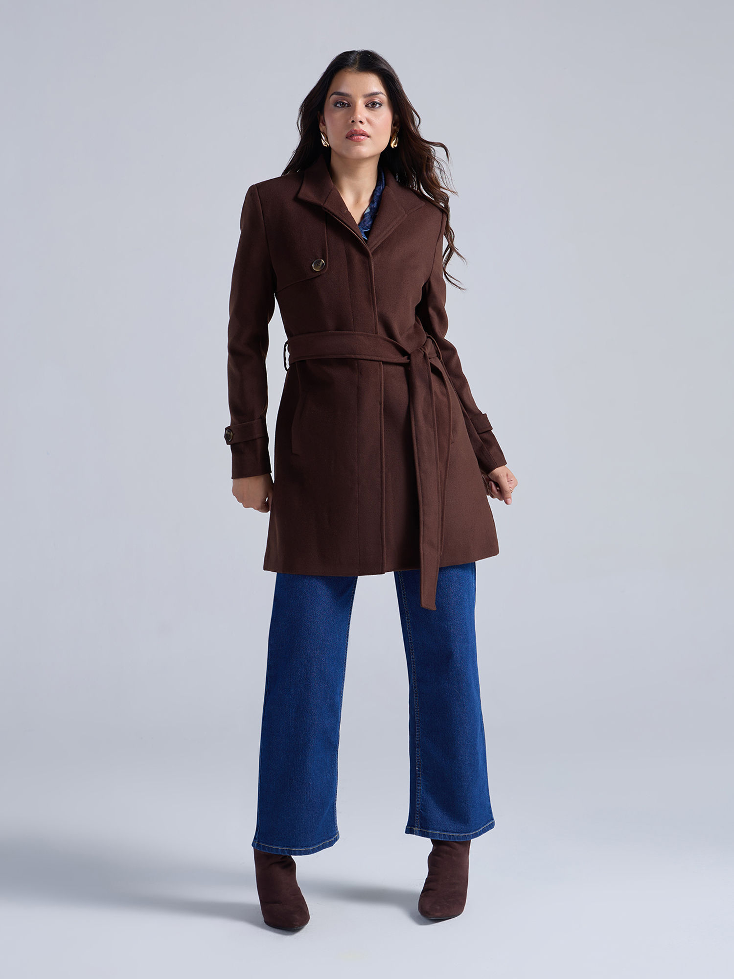 Dark Brown Solid High Neck Long Overcoat with Belt-picture-43