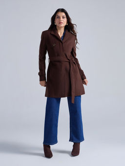 Twenty Dresses by Nykaa Fashion - Dark Brown Solid High Neck Long Overcoat with Belt