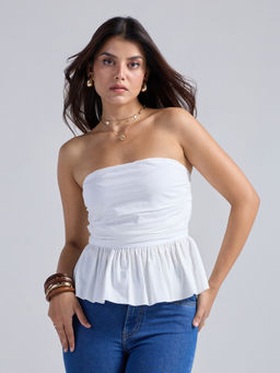 Twenty Dresses by Nykaa Fashion - White Tube Neck Gathered Peplum Top
