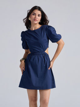 Twenty Dresses by Nykaa Fashion - Navy Balloon Sleeves Back Cutouts Mini Dress