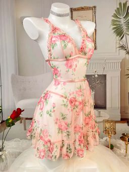 Secrets By ZeroKaata - Printed Sheer Nightwear Baby Doll With Thong For Women Pink