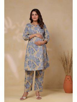 CRAFIQA - French Beige Leafy Cotton Maternity - Nursing Co-Ord Set