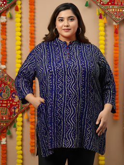 Indietoga Plus Size - Navy Blue Bandhani Print Rayon Kurti