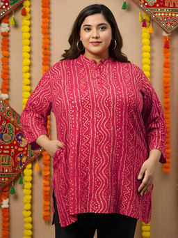 Indietoga Plus Size - Pink Bandhani Print Rayon Kurti