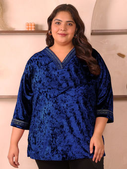 Indietoga Plus Size - Blue Embroidered Velvet Tunic