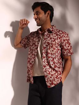 Fabindia - Maroon Cotton Half Sleeves Printed Shirt