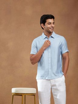 Fabindia - Blue Viscose Solid Half Sleeves Shirt