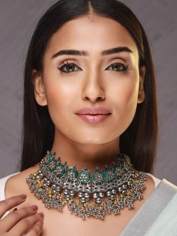 Aatmana - Silver Plated and Gold Toned Oxidised Beaded and Kundan Studded Choker Necklace Set