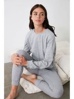 Trendyol - Grey Ribbed Pyjamas (Set of 2)