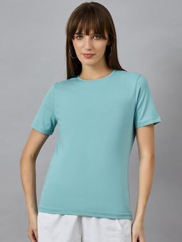 98 Degree North - Women Aqua Blue Solid Cotton T-Shirt