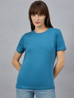 98 Degree North - Women Blue Solid Cotton T-Shirt