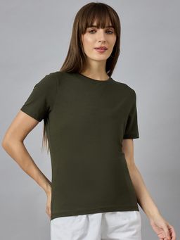 98 Degree North - Women Olive Solid Cotton T-Shirt