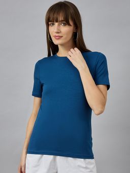 98 Degree North - Women Navy Blue Solid Cotton T-Shirt