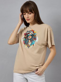 98 Degree North - Women Beige Graphic Print Cotton T-Shirt