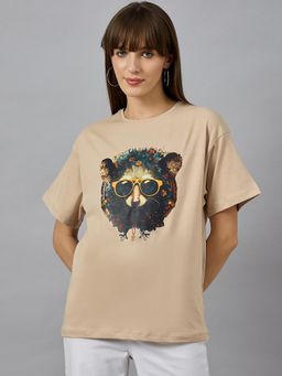 98 Degree North - Women Beige Graphic Print Cotton T-Shirt