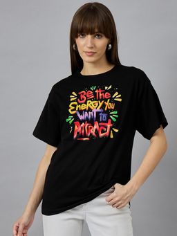 98 Degree North - Women Black Printed Cotton T-Shirt