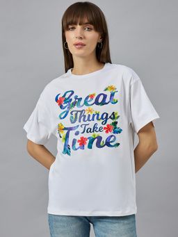 98 Degree North - Women White Printed Cotton T-Shirt