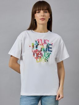 98 Degree North - Women White Printed Cotton T-Shirt