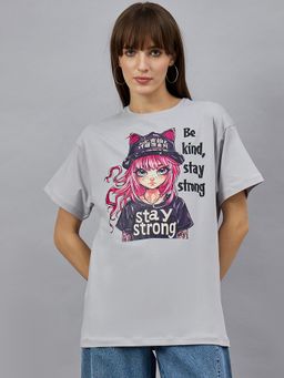 98 Degree North - Women Grey Graphic Print Cotton T-Shirt