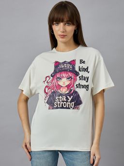 98 Degree North - Women Off White Graphic Print Cotton T-Shirt