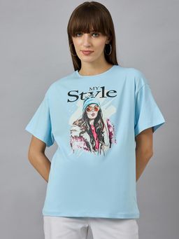 98 Degree North - Women Aqua Blue Graphic Print Cotton T-Shirt