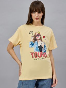 98 Degree North - Women Yellow Graphic Print Cotton T-Shirt