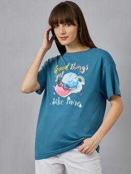 98 Degree North - Women Blue Graphic Print Cotton T-Shirt