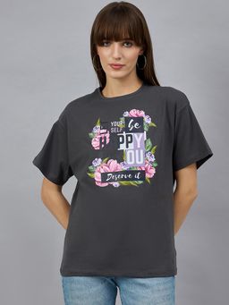 98 Degree North - Women Grey Graphic Print Cotton T-Shirt