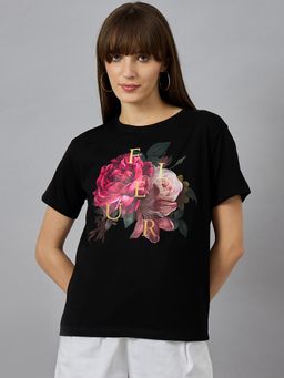 98 Degree North - Women Black Graphic Print Cotton T-Shirt