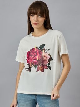 98 Degree North - Women Off White Graphic Print Cotton T-Shirt