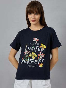 98 Degree North - Women Navy Blue Graphic Print Cotton T-Shirt