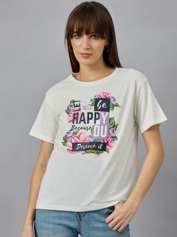 98 Degree North - Women Off White Graphic Print Cotton T-Shirt