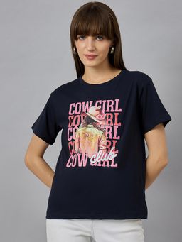 98 Degree North - Women Navy Blue Graphic Print Cotton T-Shirt