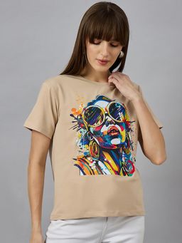 98 Degree North - Women Beige Graphic Print Cotton T-Shirt