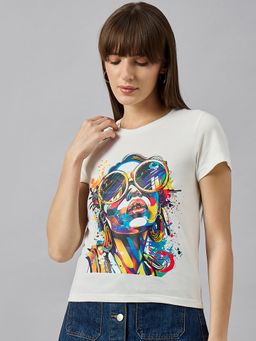 98 Degree North - Women Off White Graphic Print Cotton T-Shirt