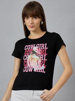 98 Degree North - Women Black Graphic Print Cotton T-Shirt